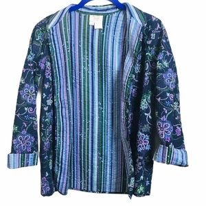 Vintage Baxter & Wells Quilted Floral Stripe Open Front Jacket Sz Small Petite